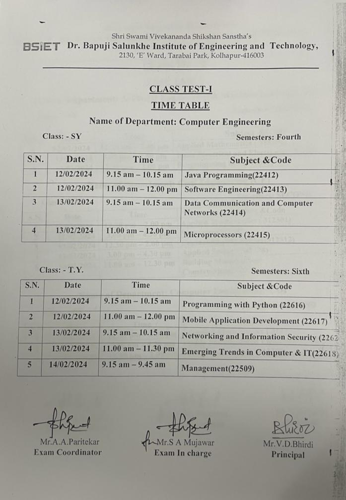 CLASS TEST I EVEN SEM – TIMETABLE